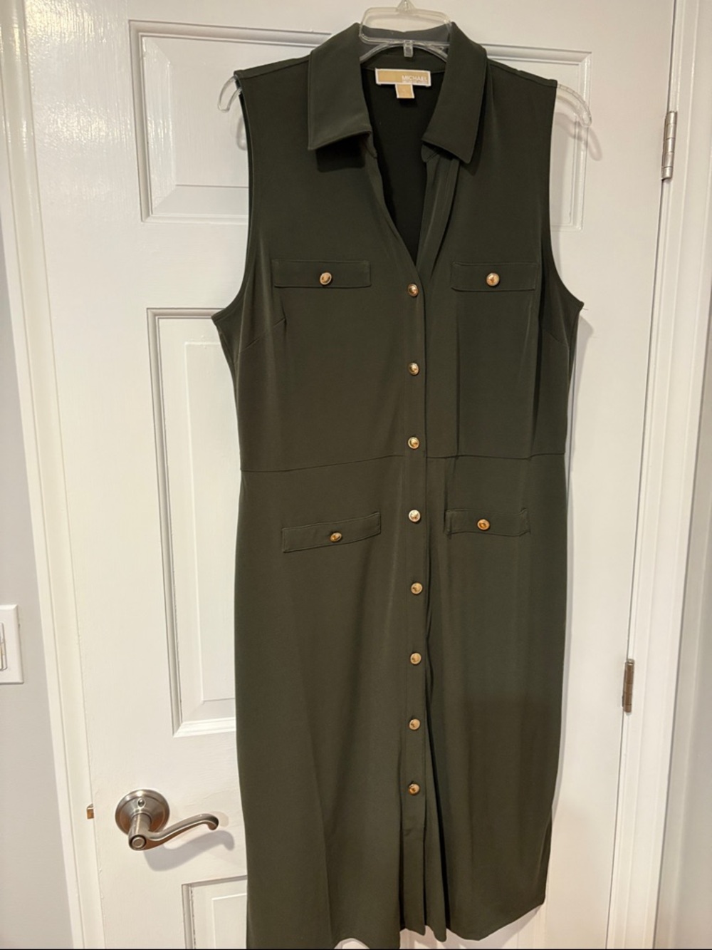 Michael Kors Sleeveless Button-Front Midi Dress in Olive XL